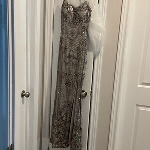 Betsy & Adam Silver Sequin Strapless Evening Gown